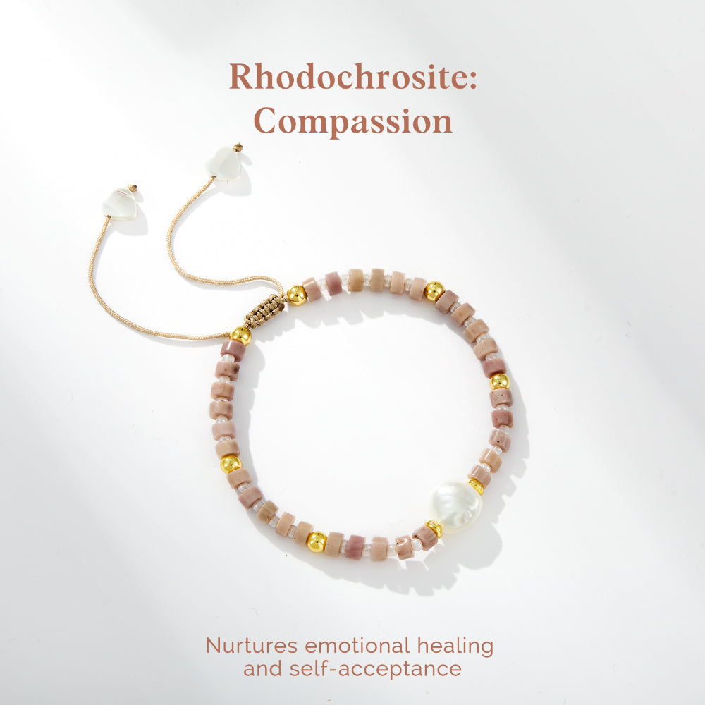 Adjustable Healing Crystal Bracelet Natural Rhodochrosite Gemstones Beads with Irregular Pearl