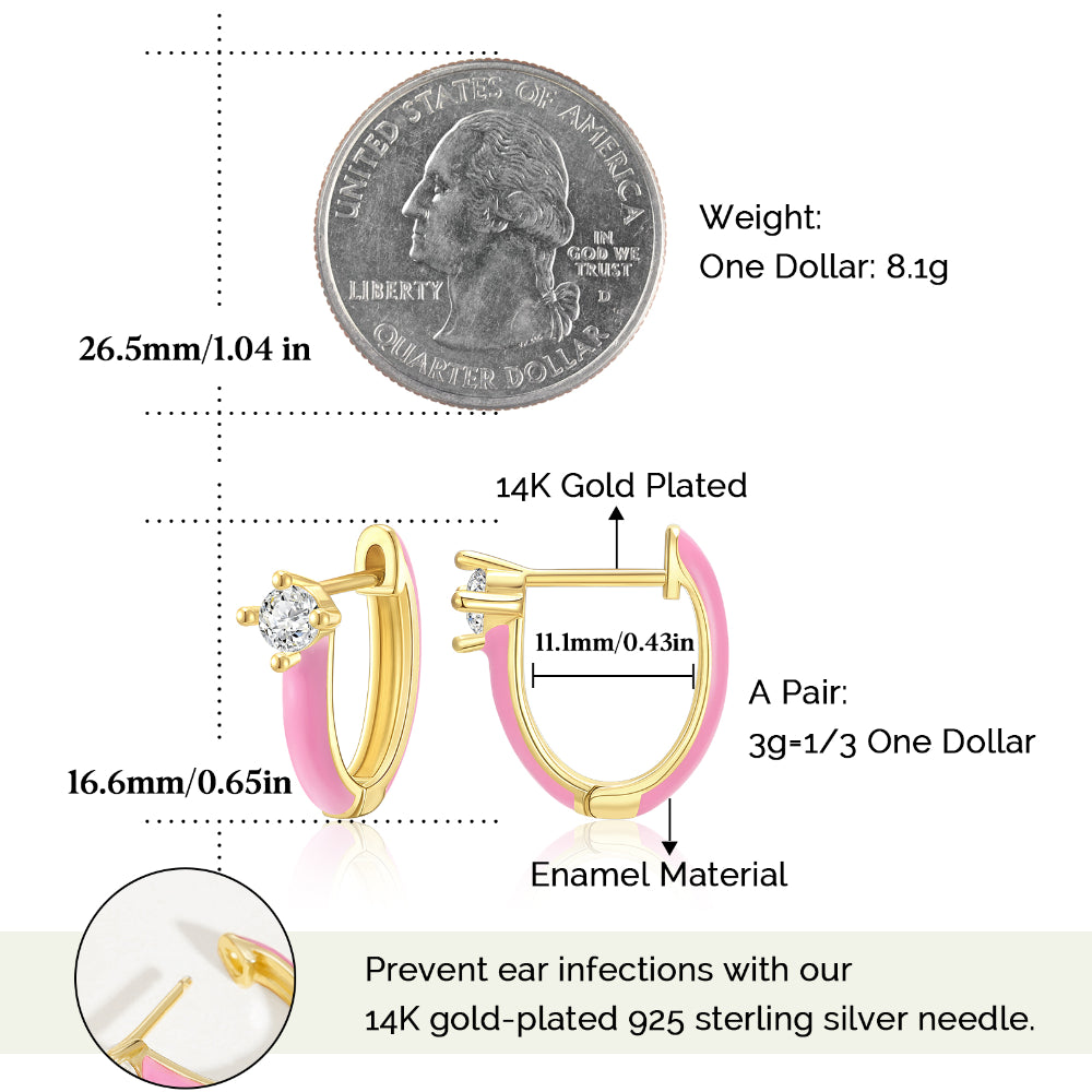 Gold Huggie Enamel Earrings Colorful Small Hoop Cuff Earrings-Pink