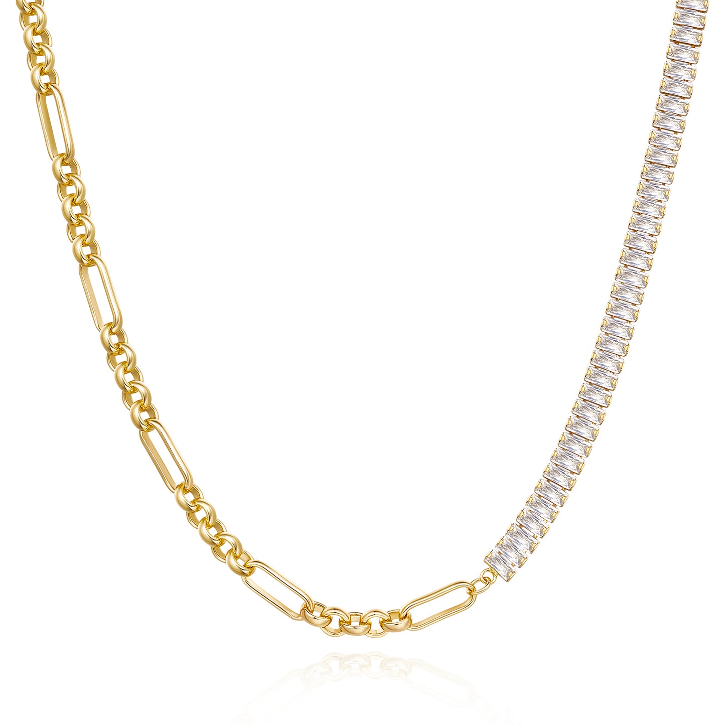 14K Gold Diamond Tennis Necklace CZ Baguette Tennis Chain