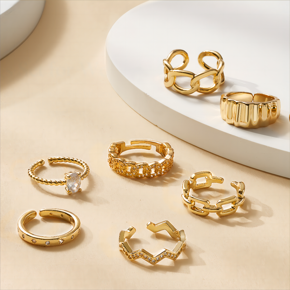 14K Gold Plated Adjustable Stackable Chunky Gold Ring Set for Women