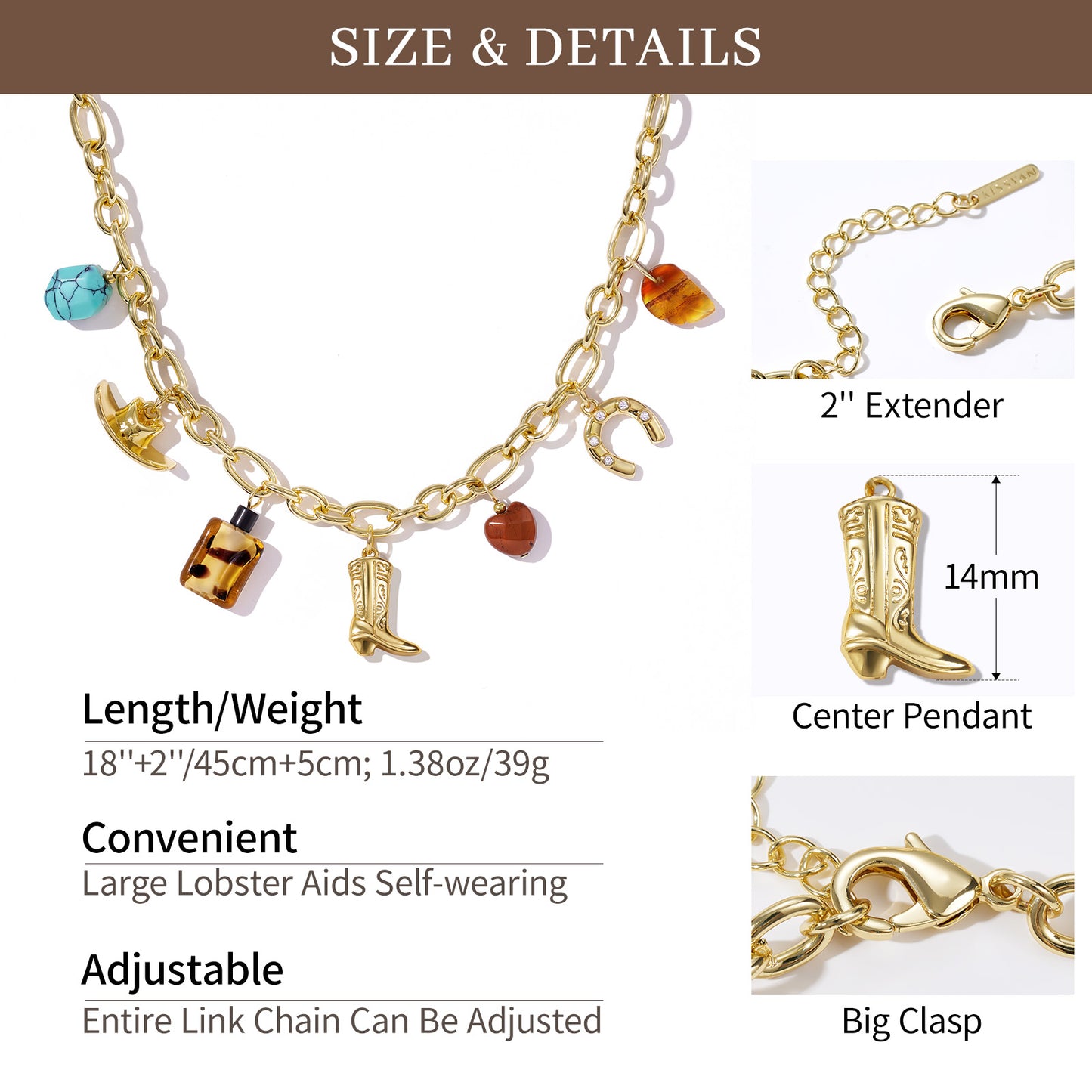 KissYan Cowgirl Western Charm Boot Horseshoe Turquoise Pendant Necklace