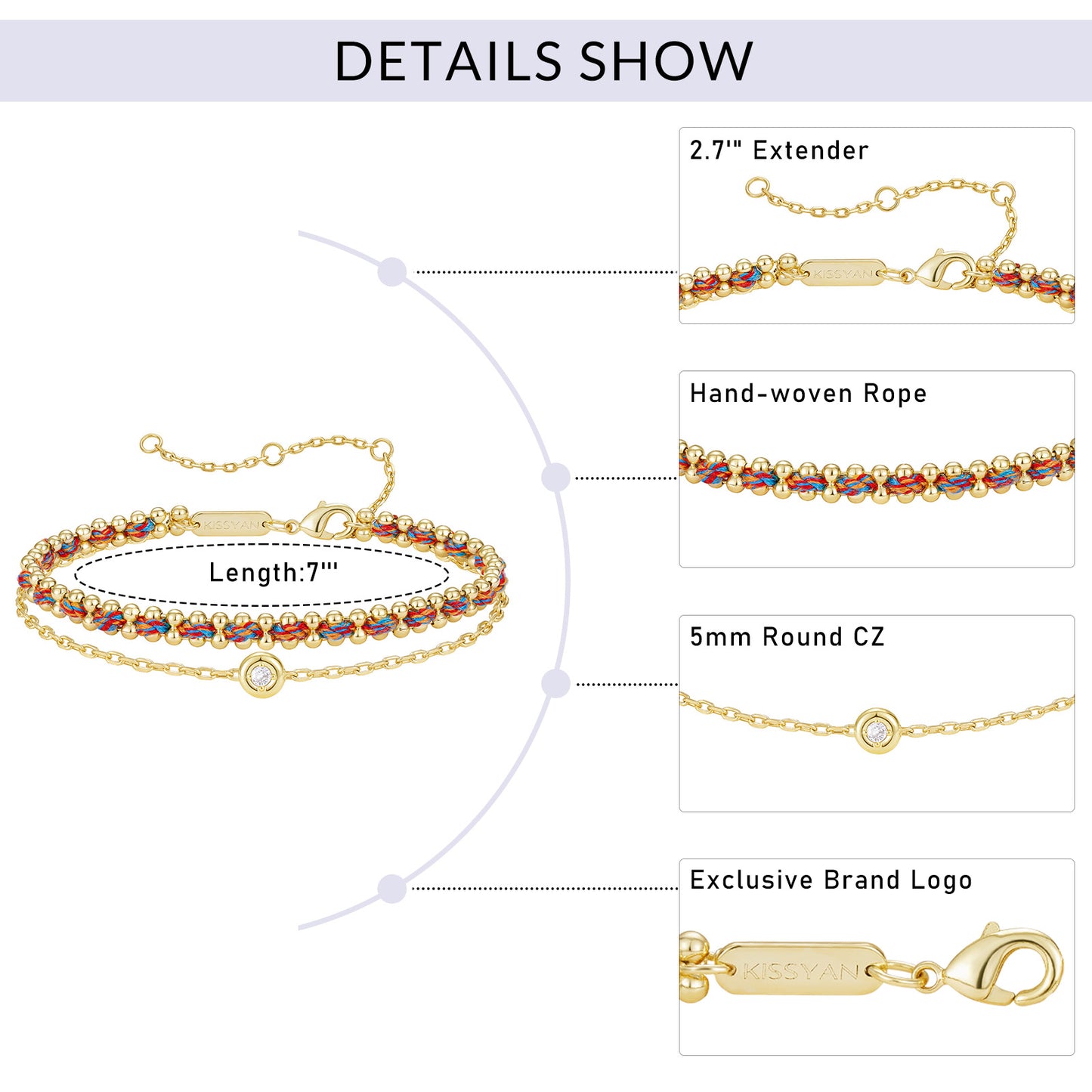 KissYan Adjustable Sports String  Stackable Bracelet 14K Gold Plated