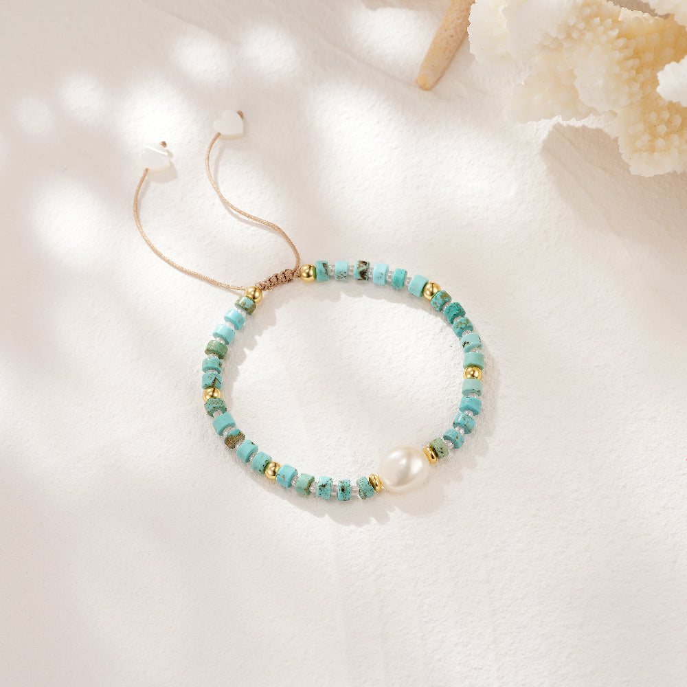 Adjustable Healing Crystal Bracelet Natural Turquoise Gemstones Beads with Irregular Pearl