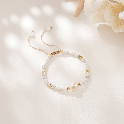 Adjustable Healing Crystal Bracelet Natural Howlite Gemstone Beads with Irregular Pearl