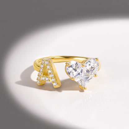 KissYan Sterling Silver Initial Heart Open Adjustable with CZ Ring