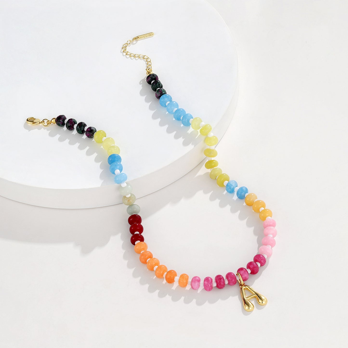 KissYan Colorful Beaded Gemstone Choker Bubble Letter Pendant