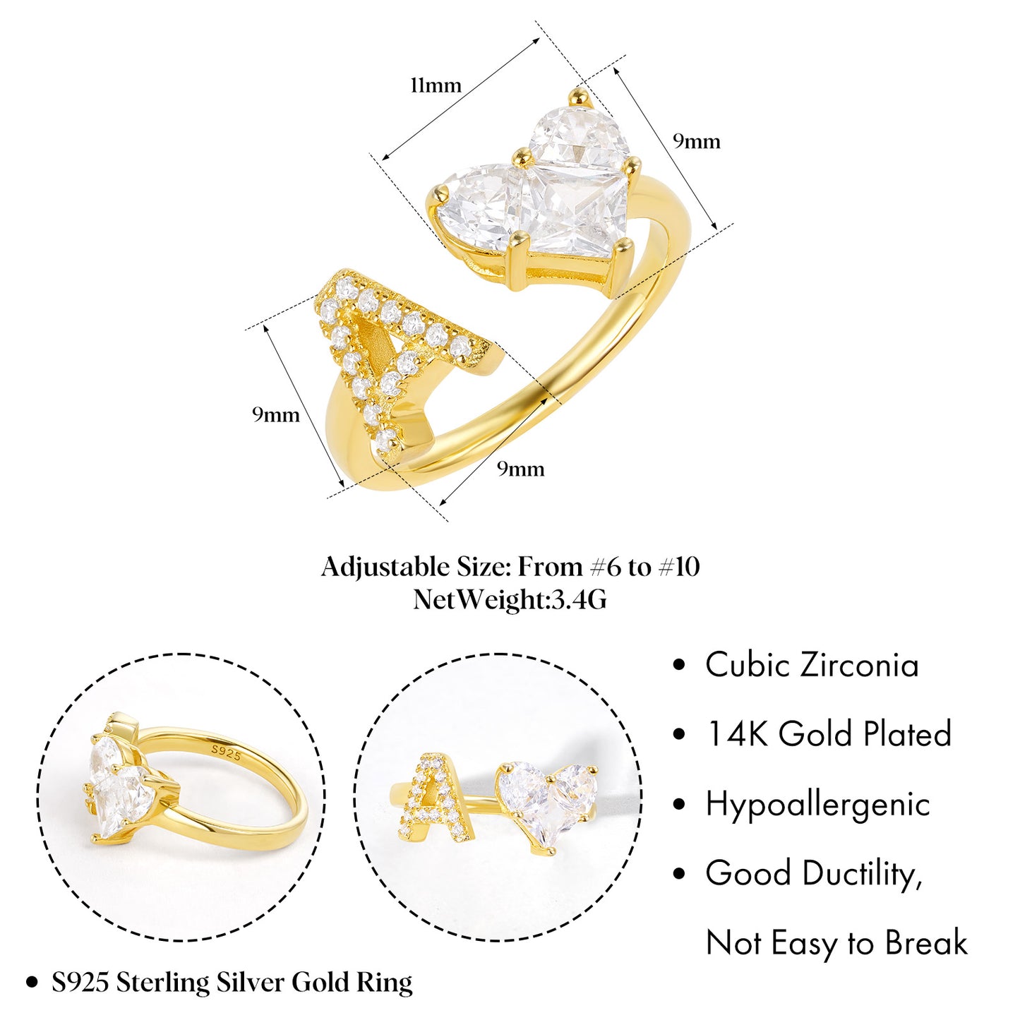 KissYan Sterling Silver Initial Heart Open Adjustable with CZ Ring