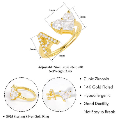 KissYan Sterling Silver Initial Heart Open Adjustable with CZ Ring