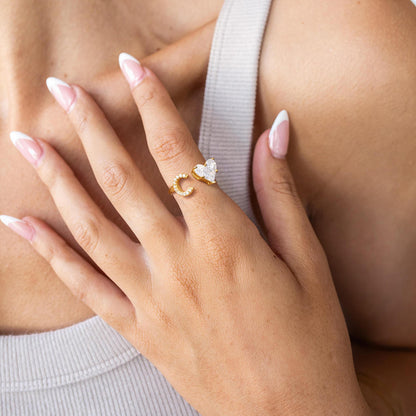 KissYan Sterling Silver Initial Heart Open Adjustable with CZ Ring