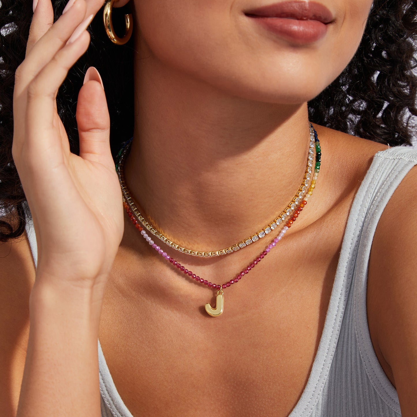 KissYan Beaded Bubble Letter Pendant Rainbow Gemstone Choker