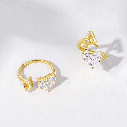 KissYan Sterling Silver Initial Heart Open Adjustable with CZ Ring