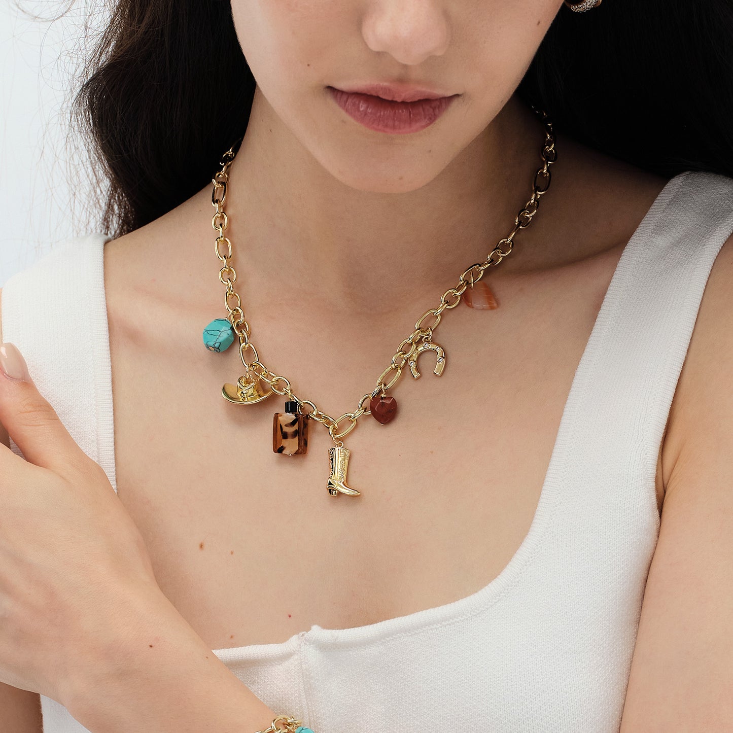 KissYan Cowgirl Western Charm Boot Horseshoe Turquoise Pendant Necklace