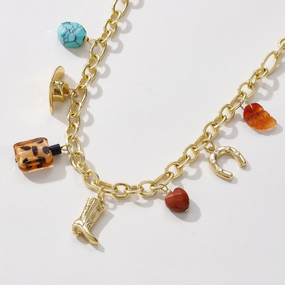 KissYan Cowgirl Western Charm Boot Horseshoe Turquoise Pendant Necklace