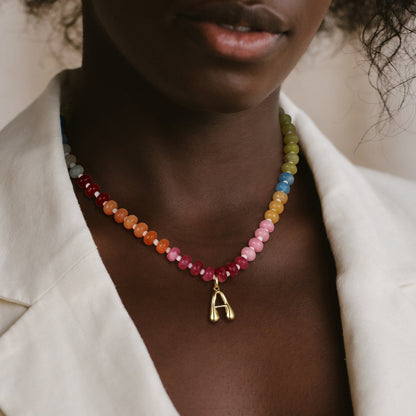 KissYan Colorful Beaded Gemstone Choker Bubble Letter Pendant