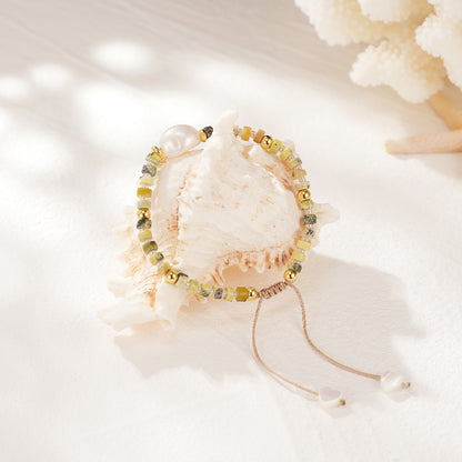 Adjustable Healing Crystal Bracelet Natural Lime-green Turquoise Gemstone Beads with Irregular Pearl