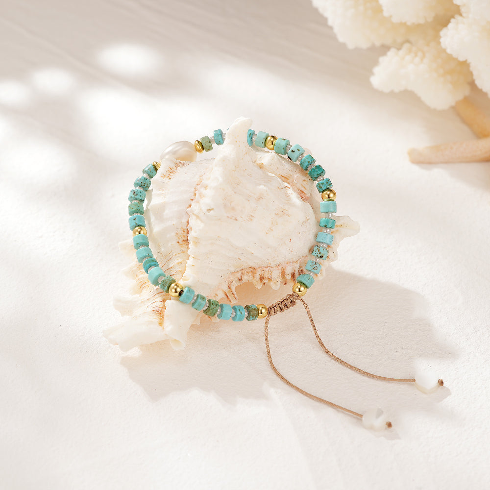 Adjustable Healing Crystal Bracelet Natural Turquoise Gemstones Beads with Irregular Pearl