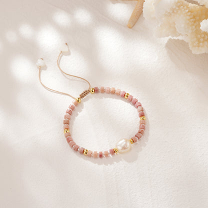 Adjustable Healing Crystal Bracelet Natural Rhodochrosite Gemstones Beads with Irregular Pearl