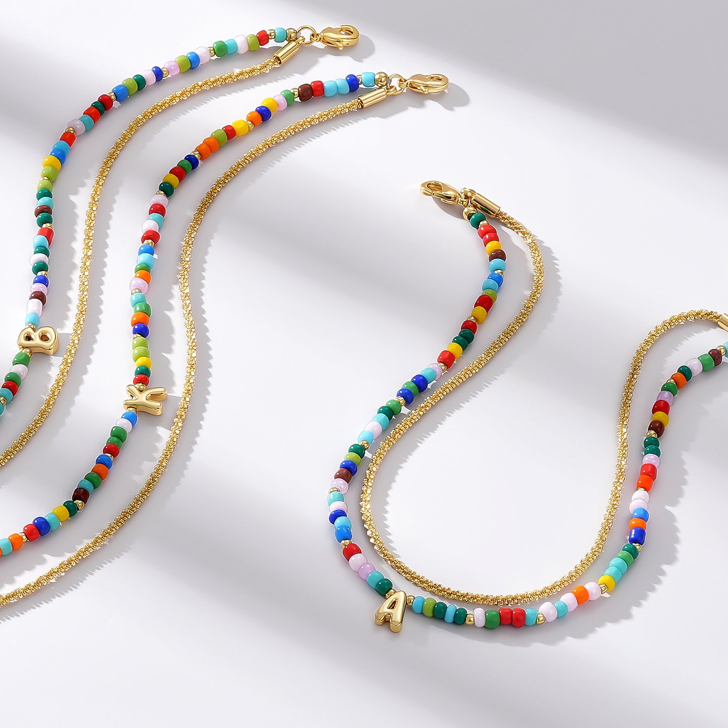 KissYan Initial Layered Colorful Beaded Anklet 14K Gold Chain