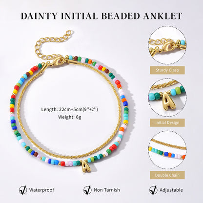 KissYan Initial Layered Colorful Beaded Anklet 14K Gold Chain