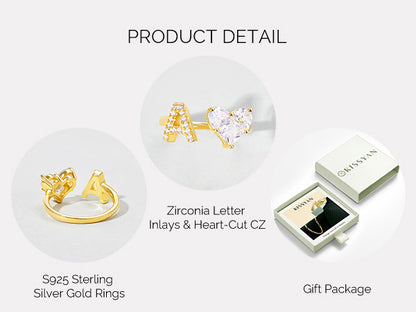 KissYan Sterling Silver Initial Heart Open Adjustable with CZ Ring
