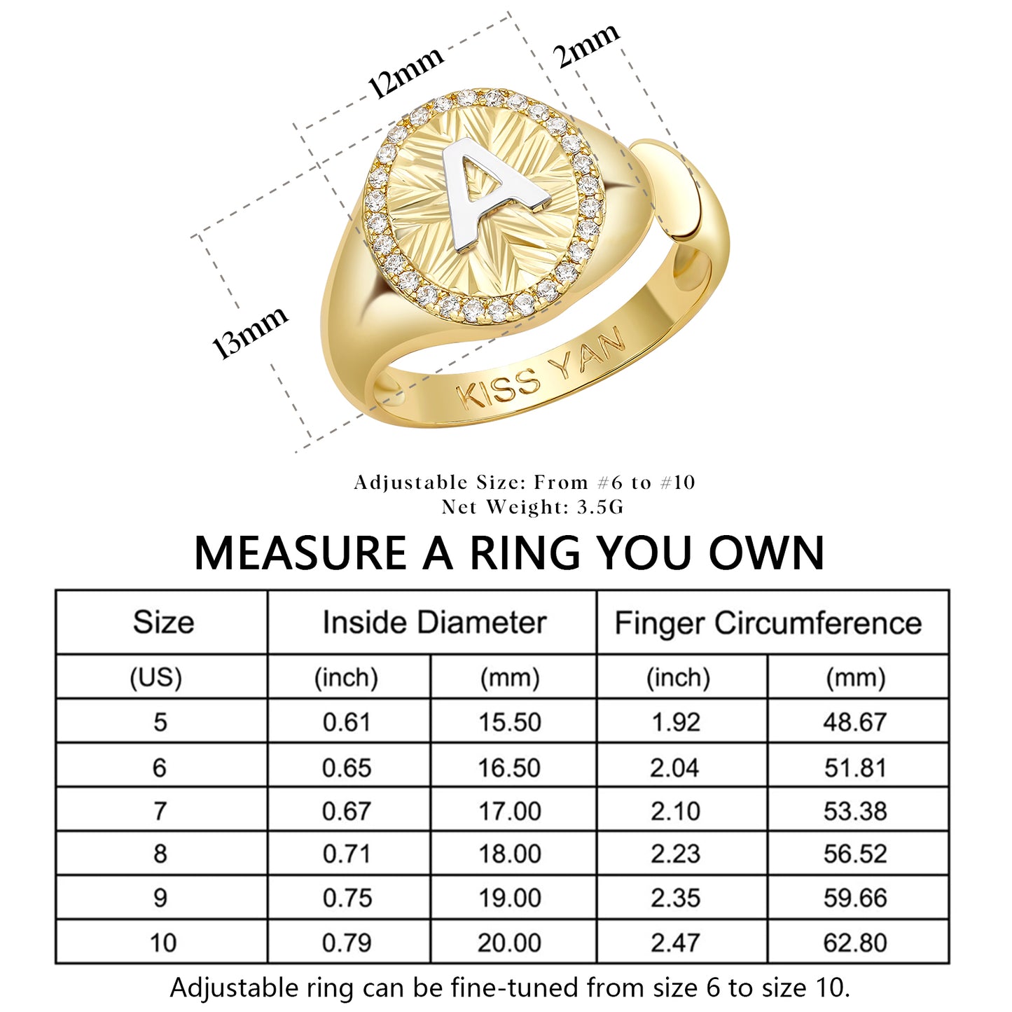 KissYan 14k Gold Plate Initial  Adjustable Letter Ring