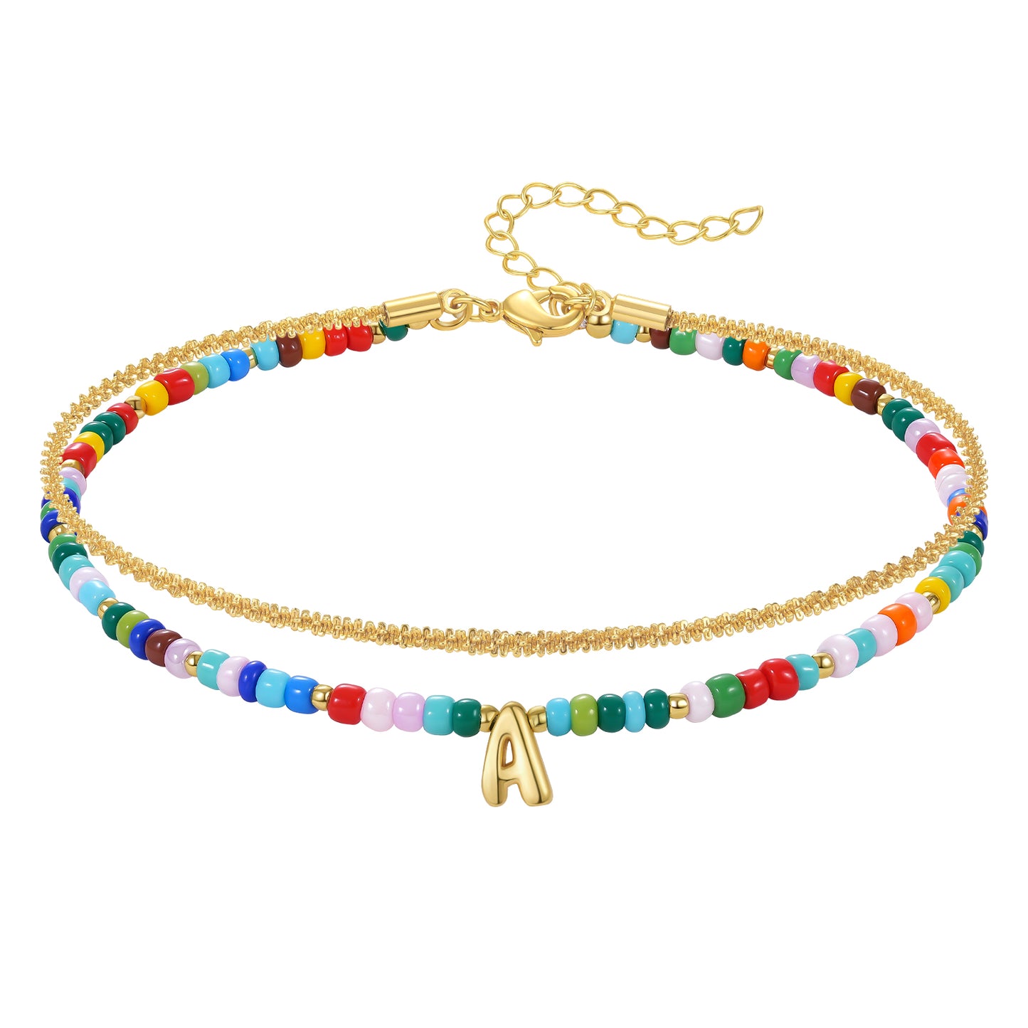KissYan Initial Layered Colorful Beaded Anklet 14K Gold Chain