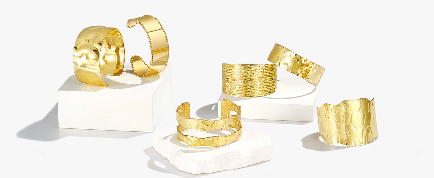 KissYan Gold Cuff Bracelets for Women,14k Gold Plated Adjustable Open Statement Wide Bangles Double-Layer Hollow Weave Hammered