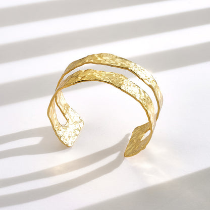 KissYan Gold Cuff Bracelets for Women,14k Gold Plated Adjustable Open Statement Wide Bangles Double-Layer Hollow Weave Hammered