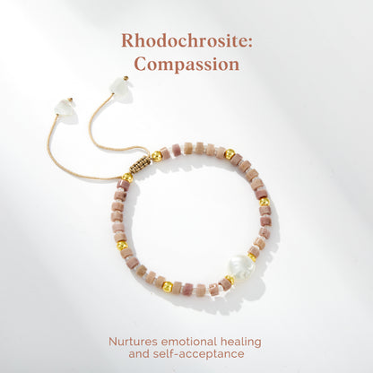 Adjustable Healing Crystal Bracelet Natural Rhodochrosite Gemstones Beads with Irregular Pearl