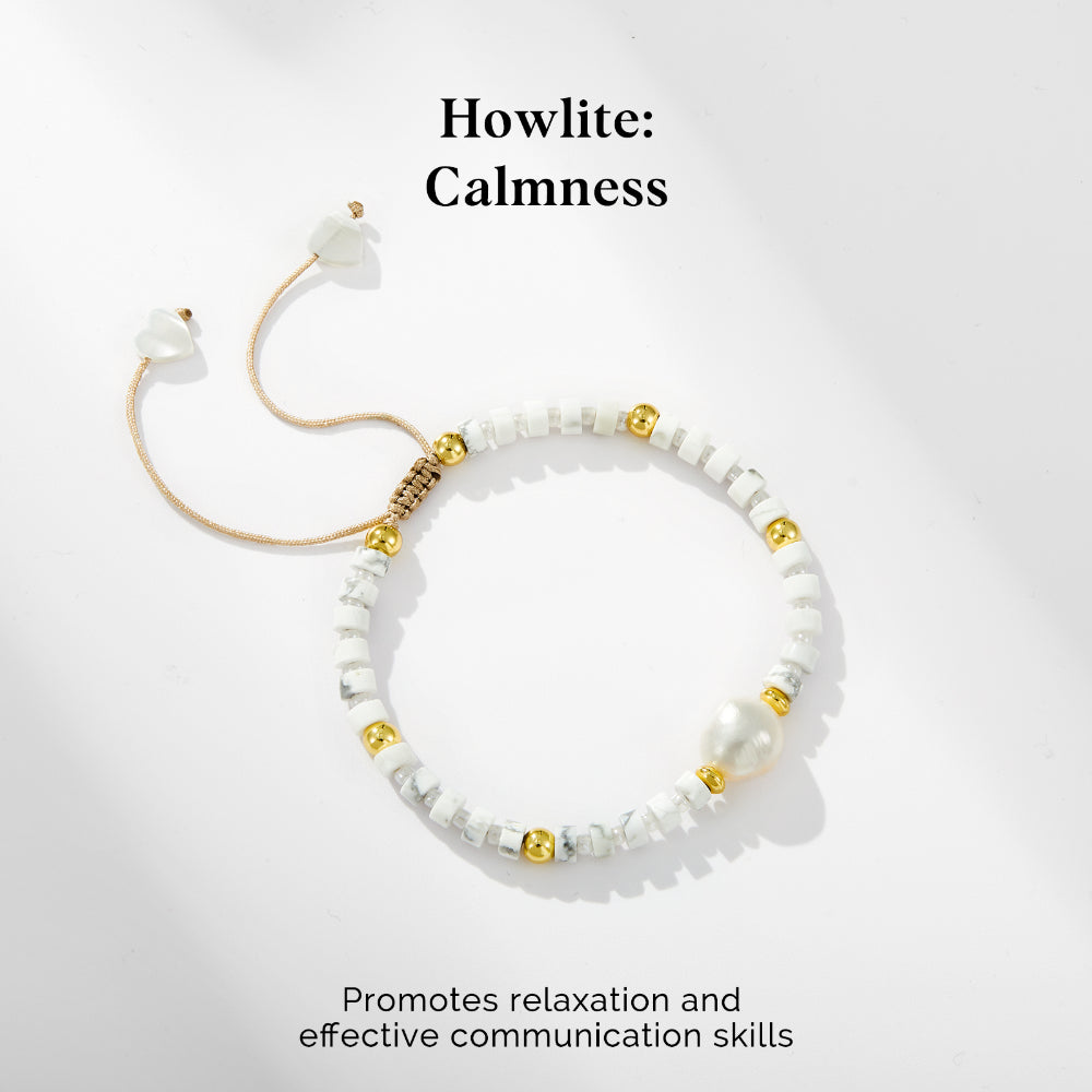 Adjustable Healing Crystal Bracelet Natural Howlite Gemstone Beads with Irregular Pearl
