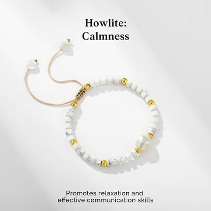Adjustable Healing Crystal Bracelet Natural Howlite Gemstone Beads with Irregular Pearl