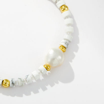 Adjustable Healing Crystal Bracelet Natural Howlite Gemstone Beads with Irregular Pearl