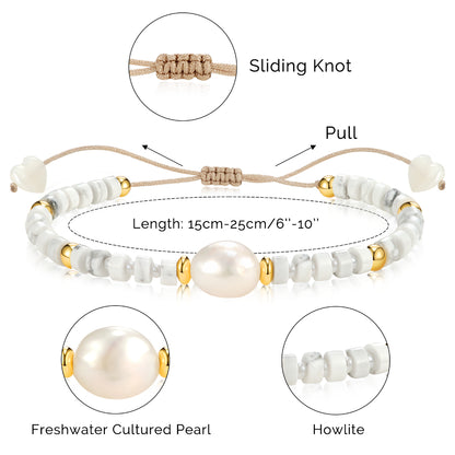 Adjustable Healing Crystal Bracelet Natural Howlite Gemstone Beads with Irregular Pearl