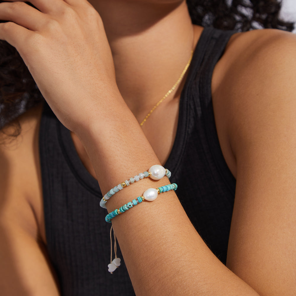 Adjustable Healing Crystal Bracelet Natural Turquoise Gemstones Beads with Irregular Pearl