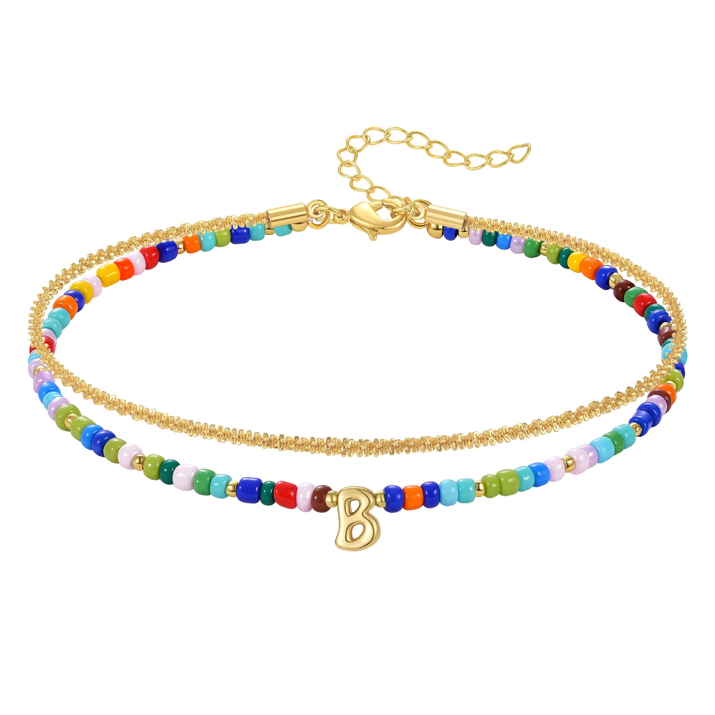 KissYan Initial Layered Colorful Beaded Anklet 14K Gold Chain