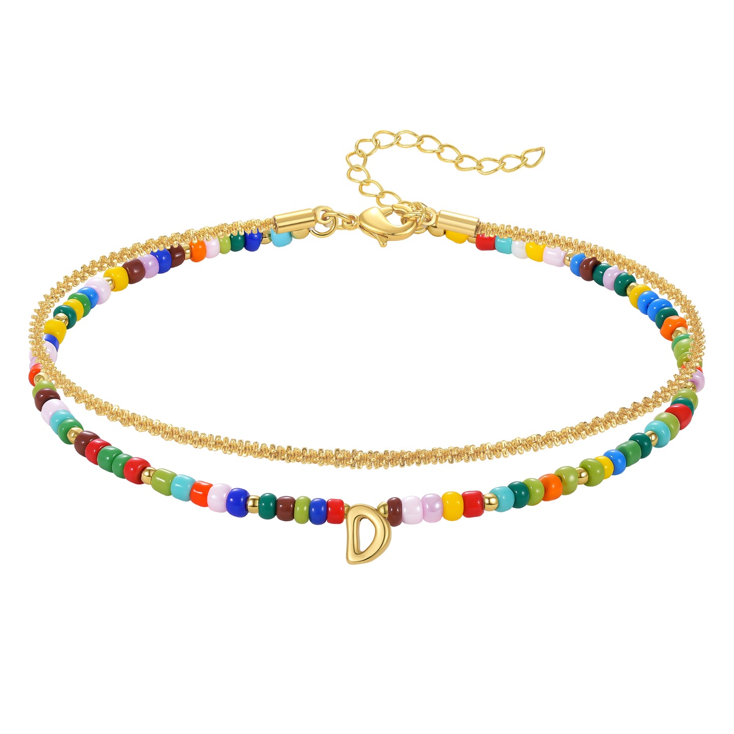 KissYan Initial Layered Colorful Beaded Anklet 14K Gold Chain