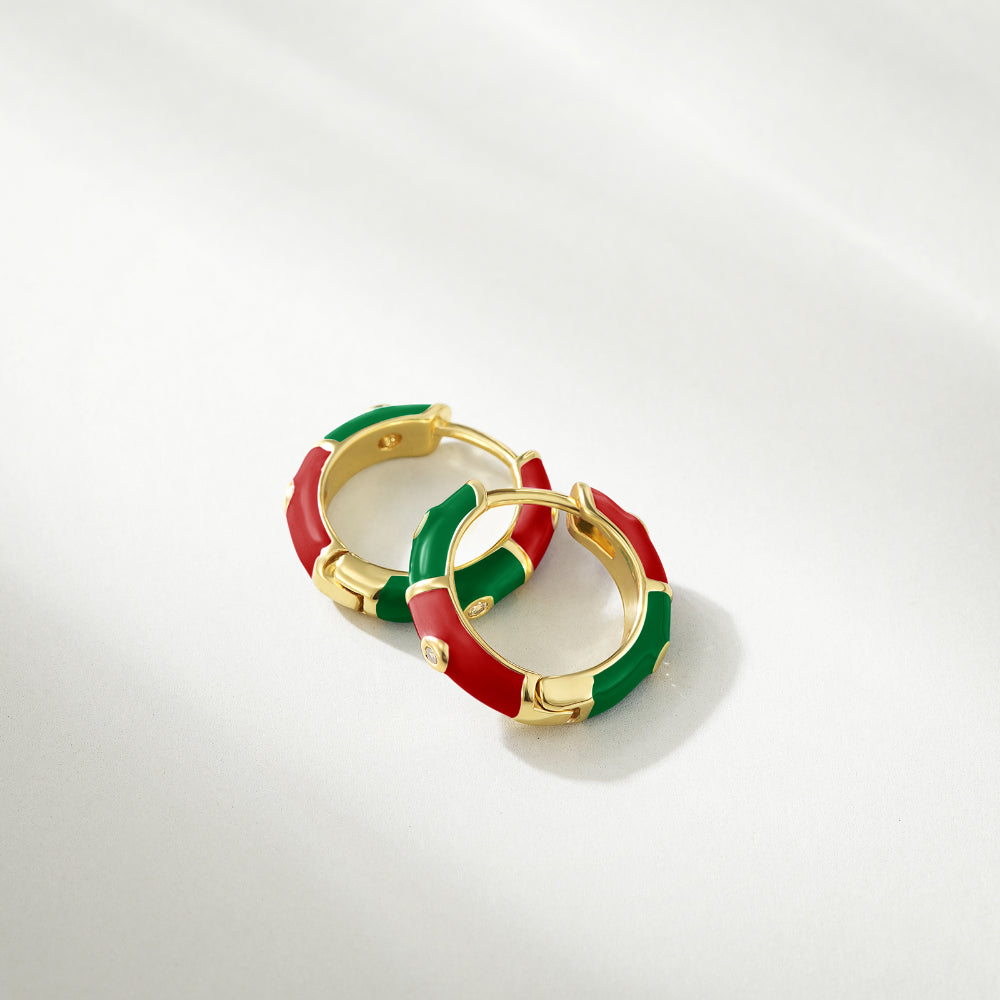 Dainty Dual-color Enamel Small Hoop Colorful Cute Huggie Earrings-Red-Green
