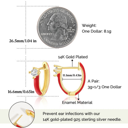 Gold Huggie Enamel Earrings Colorful Small Hoop Cuff Earrings-Red