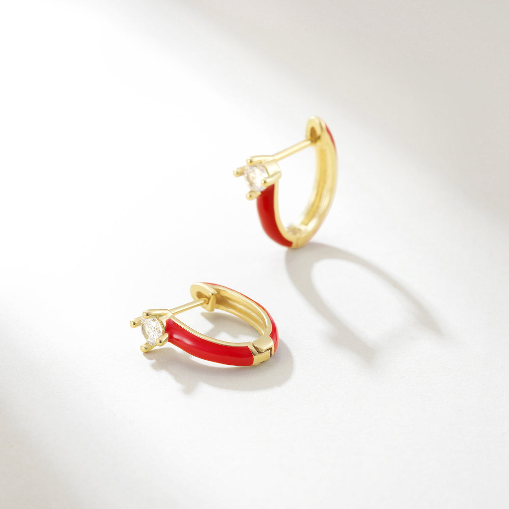 Gold Huggie Enamel Earrings Colorful Small Hoop Cuff Earrings-Red