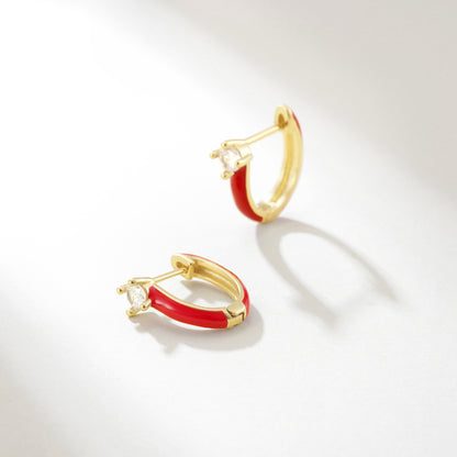 Gold Huggie Enamel Earrings Colorful Small Hoop Cuff Earrings-Red