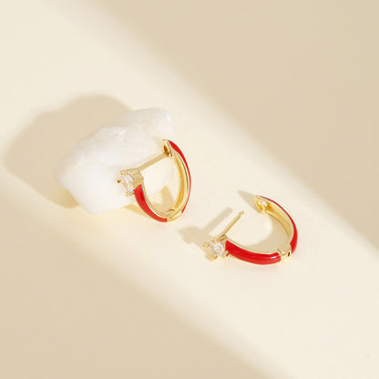 Gold Huggie Enamel Earrings Colorful Small Hoop Cuff Earrings-Red