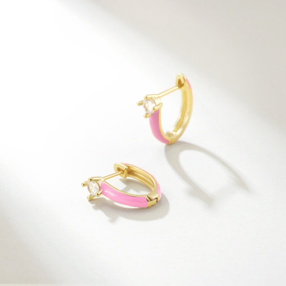 Gold Huggie Enamel Earrings Colorful Small Hoop Cuff Earrings-Pink