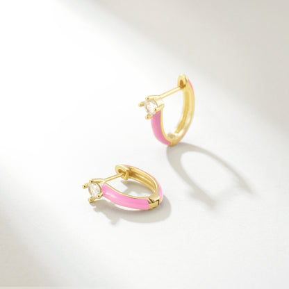 Gold Huggie Enamel Earrings Colorful Small Hoop Cuff Earrings-Pink