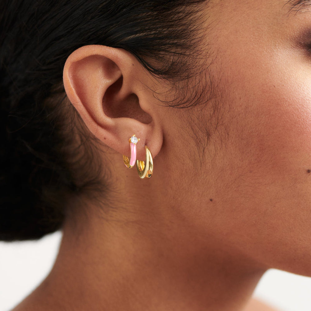 Gold Huggie Enamel Earrings Colorful Small Hoop Cuff Earrings-Pink
