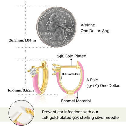 Gold Huggie Enamel Earrings Colorful Small Hoop Cuff Earrings-Pink