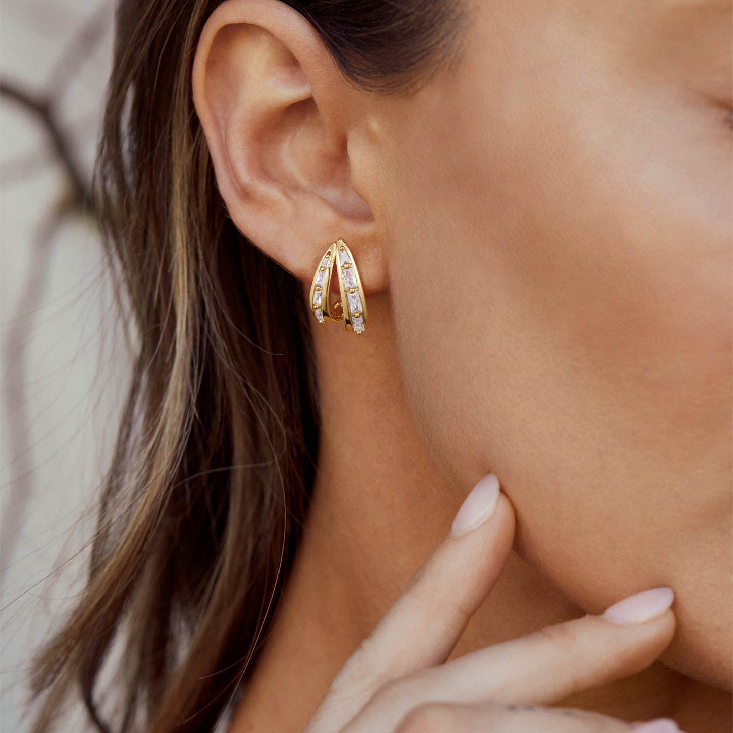 KissYan Hoop Open Double Row Cubic Zirconia Chunky Earring