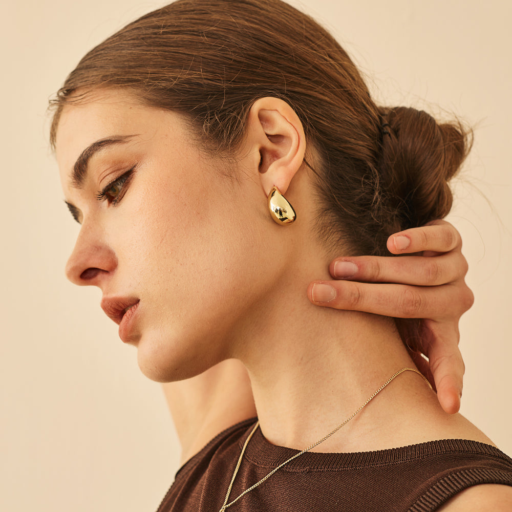 14K Gold Plated Thick Chunky Gold Hoop Earrings- Lightweight Teardrop Hoop