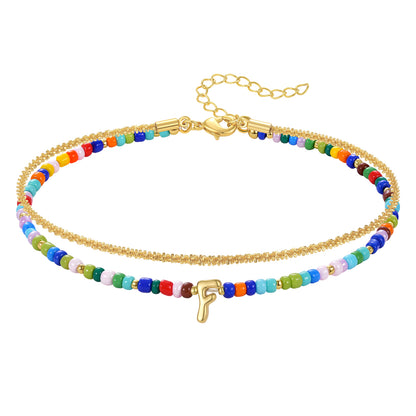 KissYan Initial Layered Colorful Beaded Anklet 14K Gold Chain