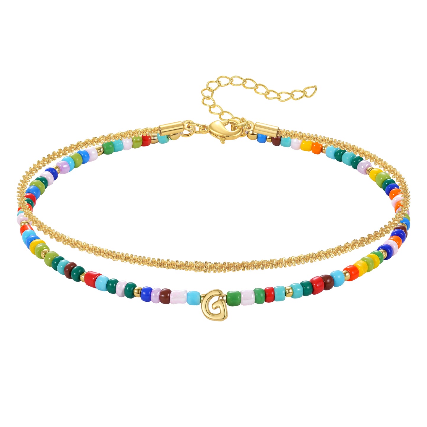 KissYan Initial Layered Colorful Beaded Anklet 14K Gold Chain