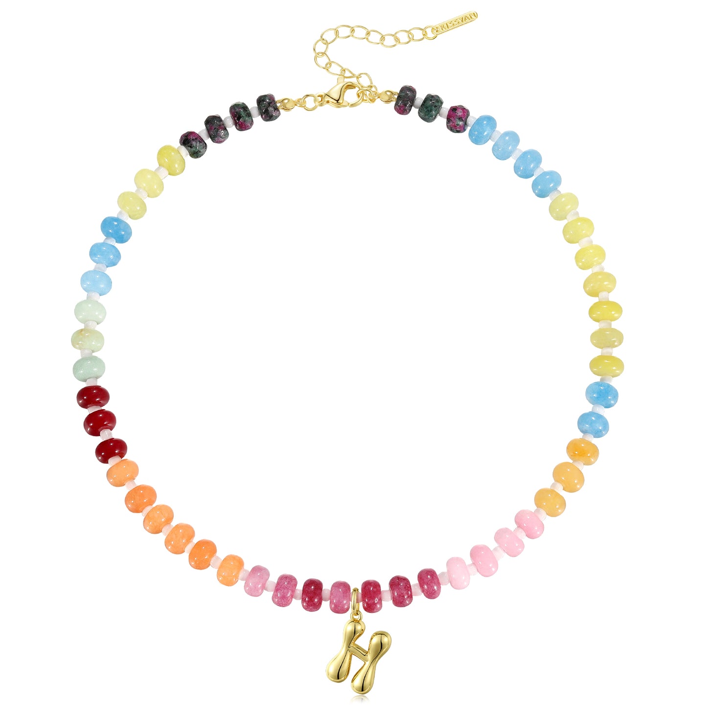 KissYan Colorful Beaded Gemstone Choker Bubble Letter Pendant